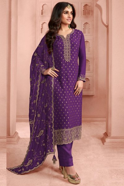 Purple Jacquard Silk Embroidered kurta Set