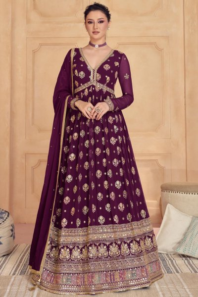 Plum Georgette Embroidered Anarkali Suit With Dupatta