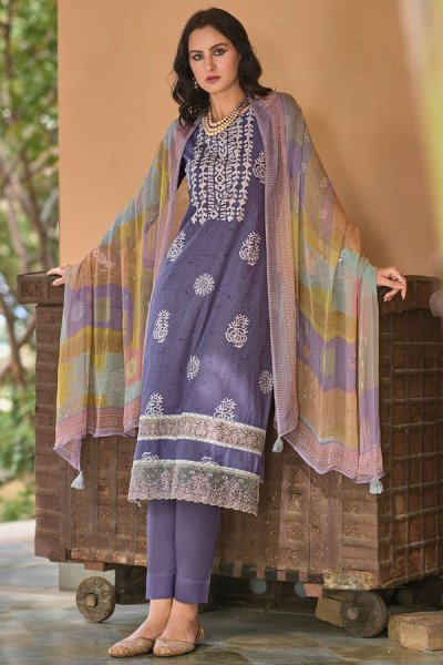 Lilac Printed & Embroidered Lawn Cotton Kurta Set With Chiffon Dupatta