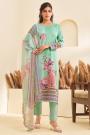 Mint Green Cotton Satin Printed & Embroidered Kurta Set With Chiffon Dupatta