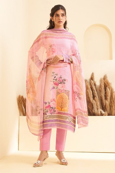 Pink Satin Printed & Embroidered Kurta Set With Chiffon Dupatta
