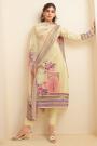 Light Yellow Cotton Satin Printed & Embroidered Kurta Set With Chiffon Dupatta