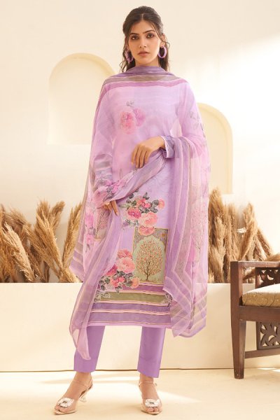 Lavender Cotton Satin Printed & Embroidered Kurta Set With Chiffon Dupatta