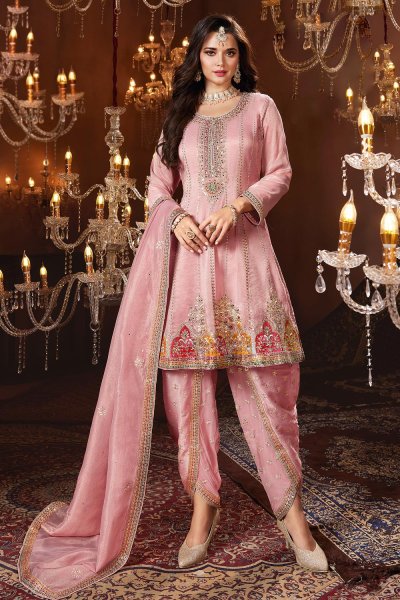 Blush Pink Zari Silk Embroidered Dhoti Pant Kurta Set