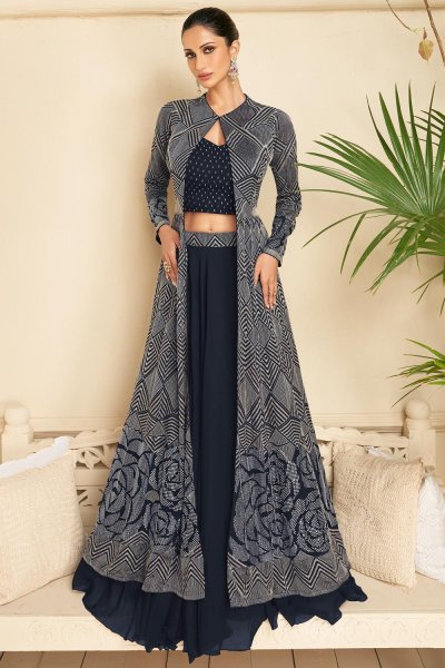 Navy Blue Georgette Embroidered Top & Skirt Set with Long Jacket