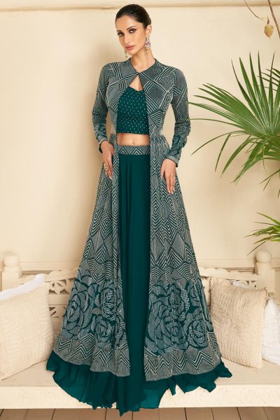 Teal Georgette Embroidered Top & Skirt Set with Long Jacket
