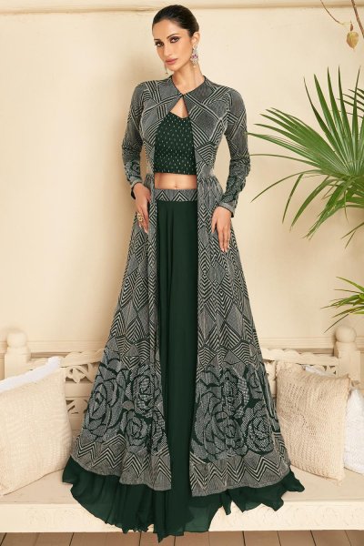 Bottle Green Georgette Embroidered Top & Skirt Set with Long Jacket