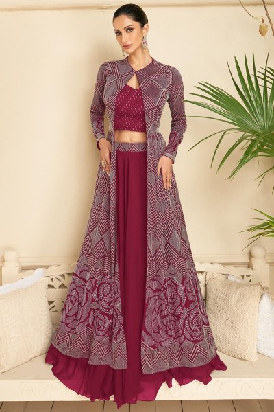Dark Pink Georgette Embroidered Top & Skirt Set with Long Jacket