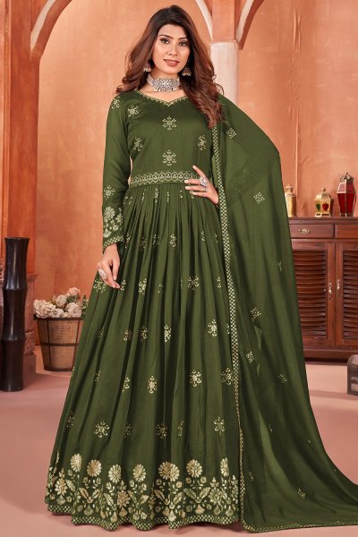 Forest Green Silk Embroidered Anarkali Suit