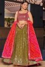 Olive Green & Pink Georgette Embroidered Lehenga Set