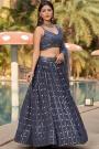 Deep Navy Blue Georgette Embroidered Lehenga Set