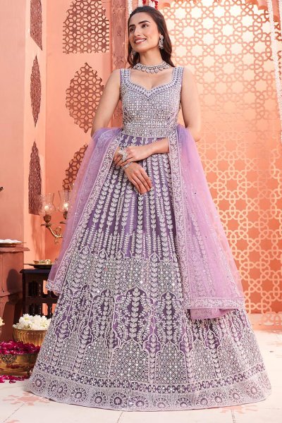Stunning Lilac Fully Embroidered Anarkali Dress With Dupatta