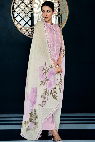 Beautiful Lavender Kota Doriya Cotton Silk Embroidered Kurta Set