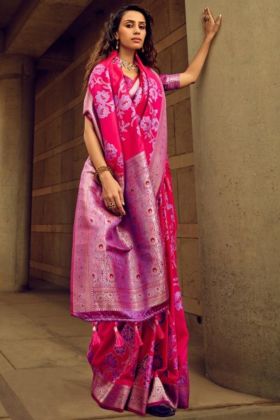 Pink & Purple Satin Weaved Saree