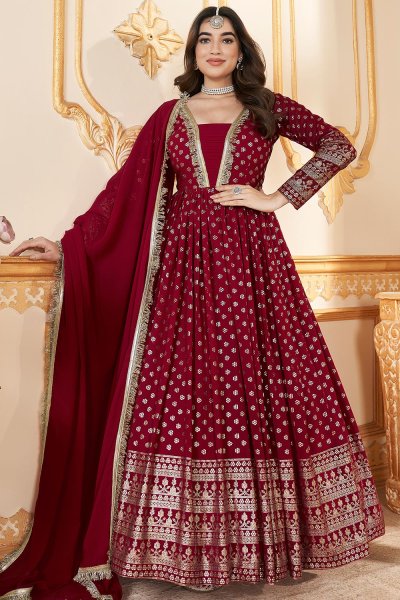 Deep Red Georgette Foil Decorated Anarkali Dress With Dupatta