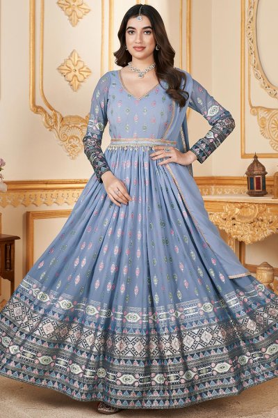 Cornflower Blue Georgette Foil Decorated Anarkali Dress With Dupatta & Belt