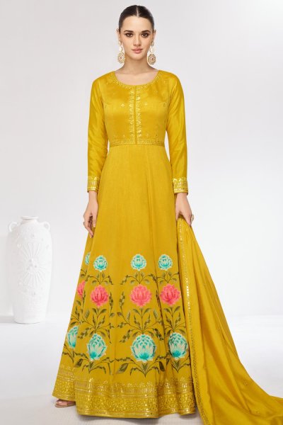 Mustard Silk Embroidered Anarkali Dress With Dupatta