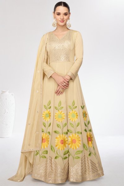 Vanilla Silk Embroidered Anarkali Dress With Dupatta