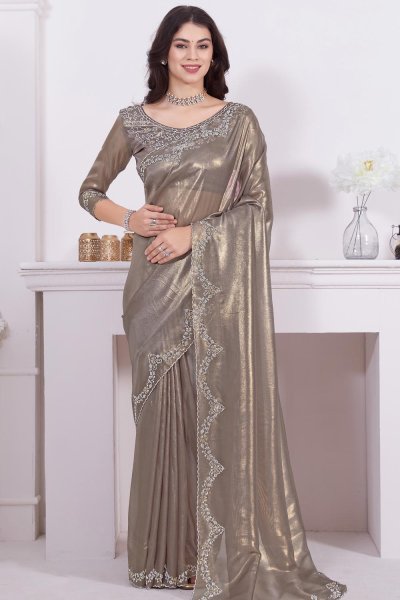 Olive Gold Tissue Net Shimmering Embroidered Saree