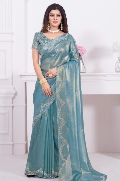 Blue Tissue Net Shimmering Embroidered Saree