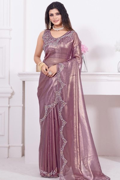 Mauve Tissue Net Shimmering Embroidered Saree