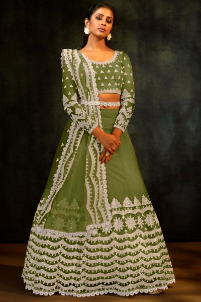 Kiwi Green Net Embroidered Lehenga Set