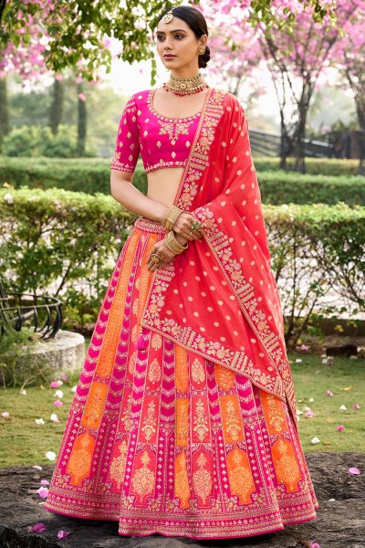 Pink & Orange Banarasi Silk Embroidered Lehenga Set