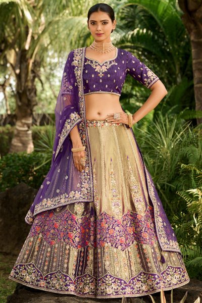 Beige & Purple Banarasi Silk Embroidered Lehenga Set