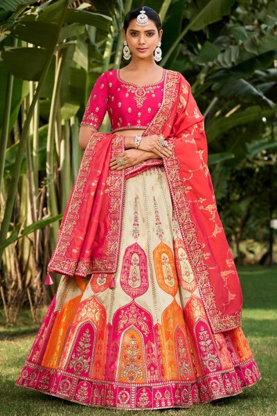 Ivory, Pink, Orange Banarasi Silk Embroidered Lehenga Set