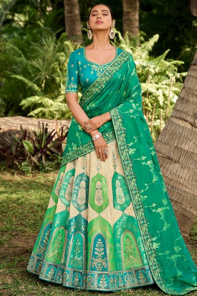 Ivory, Green, Teal Banarasi Silk Embroidered Lehenga Set