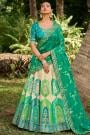 Ivory, Green, Teal Banarasi Silk Embroidered Lehenga Set