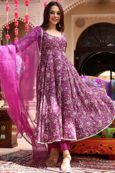 Purple Pink Printed Silk Anarkali Suit