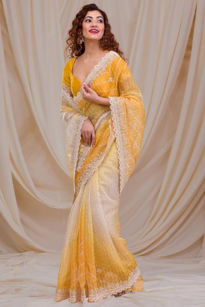 Mustard Yellow Georgette Embroidered Saree