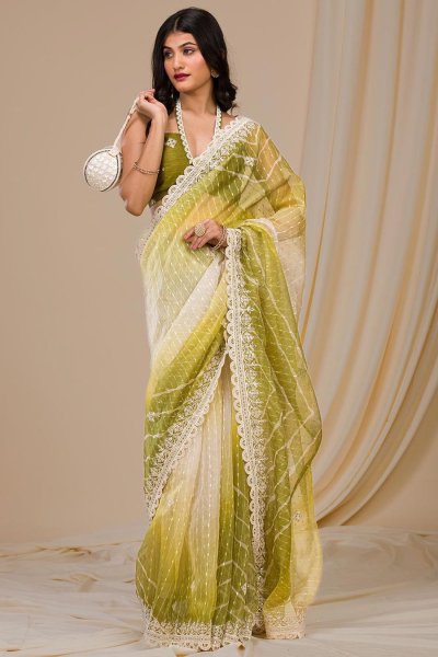 Olive Green Georgette Embroidered Saree