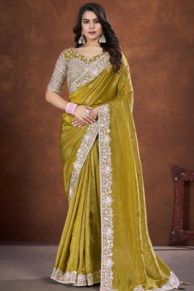 Mustard Green Banarasi Crush Silk Embroidered Saree With Belt
