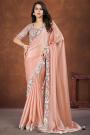 Peach Crepe Satin Silk Embroidered Saree With Belt