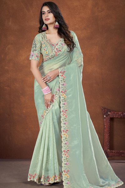 Sea Green Banarasi Crush Silk Embroidered Saree With Belt