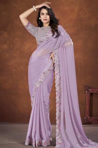 Lavender Crepe Satin Silk Embroidered Saree With Belt