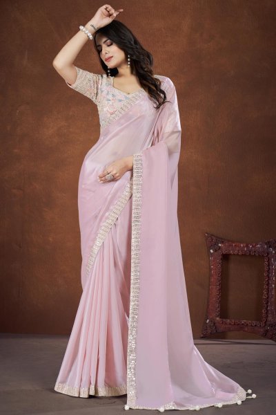 Light Pink Crepe Satin Silk Embroidered Saree With Belt