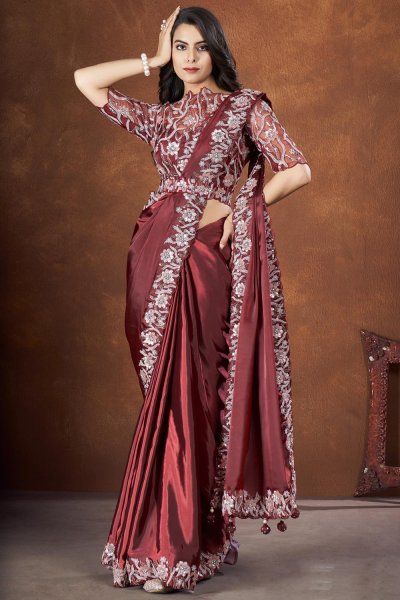 Maroon Crepe Satin Silk Embroidered Saree With Belt