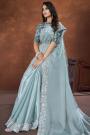 Blue Grey Crepe Satin Silk Embroidered Saree With Belt