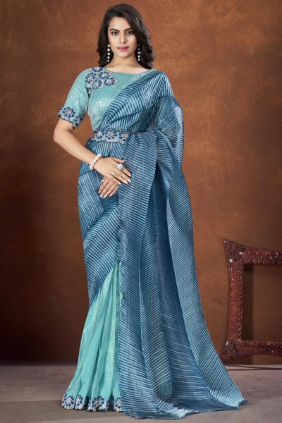 Blue Banarasi Crush Silk Embroidered Saree With Belt
