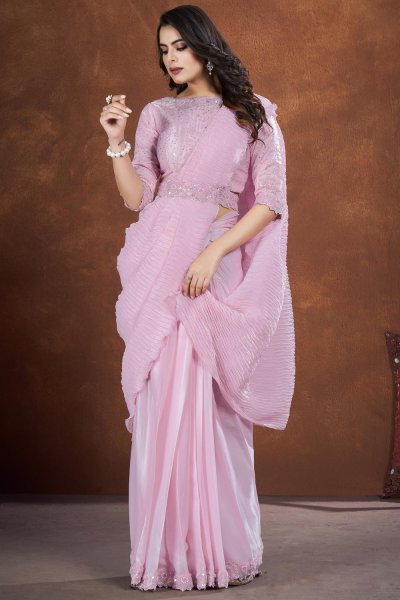 Lilac Pink Crepe Satin Silk Embroidered Saree With Belt