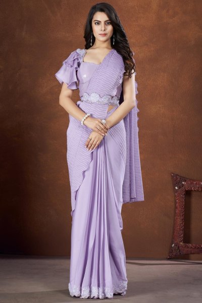 Lavender Crepe Satin Silk Embroidered Saree With Belt