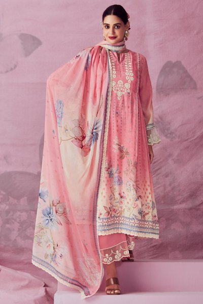 Blush Pink Cotton Printed, Embroidered Organza Detailed Kurta Sets