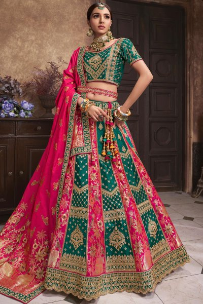 Teal Green & Pink Banarasi Silk Embroidered Lehenga Set With Belt