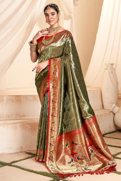 Fern Green Tissue Silk Zari Weaved Saree With Paithani Border