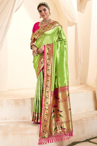 Green Tissue Silk Zari Weaved Saree With Paithani Border
