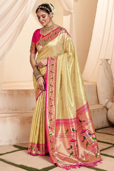 Pale Yellow & Pink Tissue Silk Zari Weaved Saree With Paithani Border