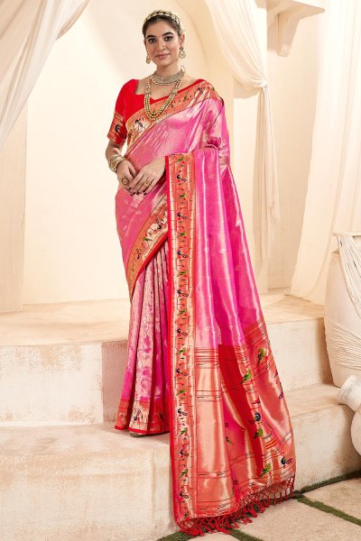 Pink Tissue Silk Zari Weaved Saree With Paithani Border
